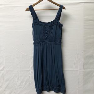 BCBGMAXAZRIA Blue Ruffle Romantic Ruched Shoulder Smocked Rayon Blend Dress S